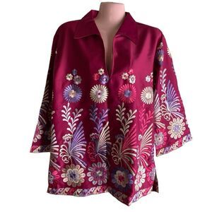 Vintage La Cita Tunic Blouse Shirt Women's Size Small Pink Embroidered Flowers